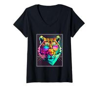Womens Bengal Tiger Cat Boss Chef Predatory Cat Neon Colleague V-Neck T-Shirt