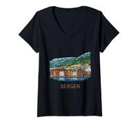Women's Bergen Norway Travel Souvenir City Landmark Gift V-Neck T-Shirt