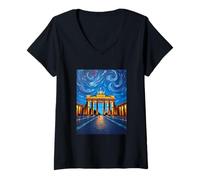 Womens Berlin Brandenburg Gate Swirl Pop Art V-Neck T-Shirt