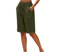 Womens Bermuda Linen Shorts UK Wide Leg High Waisted Drawstring Cotton Linen Gym Holiday Vacation Beach Casual Lightweight Baggy Ladies Linen Pants with Pockets Army Green