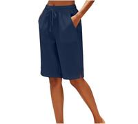 Womens Bermuda Linen Shorts UK Wide Leg High Waisted Drawstring Cotton Linen Gym Holiday Vacation Beach Casual Lightweight Baggy Ladies Linen Pants with Pockets Navy