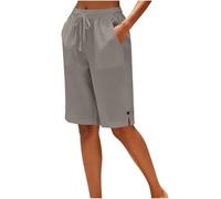 Womens Bermuda Linen Shorts UK Wide Leg High Waisted Drawstring Cotton Linen Gym Holiday Vacation Beach Casual Lightweight Baggy Ladies Linen Pants with Pockets Gray