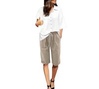 Womens Bermuda Shorts Casual Knee Length Cotton Linen Elastic Drawstring Comfy Lounge Short Trousers Summer Beach Vacation Shorts with Pockets