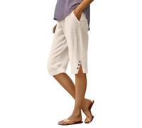 Womens Bermuda Shorts, Linen Shorts Women Plus Size, Summer Loose Casual Drawstring Capri Pants, Ladies Cropped Trousers with Pockets Beige