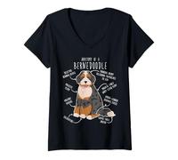 Womens Bernedoodle Dog Anatomy, Black Merle Tri Cute Funny Pet Mom V-Neck T-Shirt