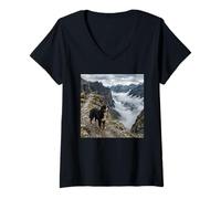 Women's Bernese Mountain Dog Alpine Cliff Trail Scenic V-Neck T-Shirt