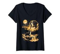 Women's Bernese Mountain Dog Howling to The Moon V-Neck T-Shirt