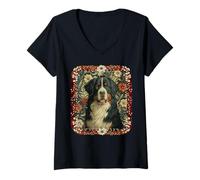 Womens Bernese Mountain Dog Vintage Swiss Christmas Floral V-Neck T-Shirt