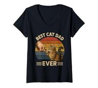 Womens Best Cat Dad Ever Funny Retro Fist Bump Cat V-Neck T-Shirt