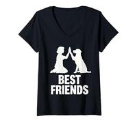 Womens Best Friends Human and Dog High Five Silhouette Graphic Bold V-Neck T-Shirt