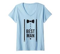 Womens Best Man Wedding Tuxedo Costume Suspenders Bow Tie Party Fun V-Neck T-Shirt