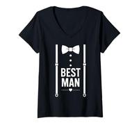 Womens Best Man Wedding Tuxedo Costume Suspenders Bow Tie Party Fun V-Neck T-Shirt