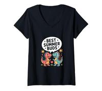 Womens Best Summer Buds - Cute Dinosaur Friends Summer V-Neck T-Shirt