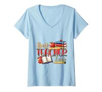 Women's Best Teacher Ever Leopard Print Apple Books Design V-Neck T-Shirt