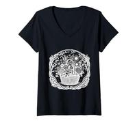 Women's Better with Plants - Flower Lover White Ink Tattoo-Style V-Neck T-Shirt
