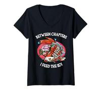Women's Between Chapters I Feed The Koi Funny Book Lover V-Neck T-Shirt