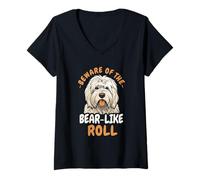 Womens Beware Of The Bear-Like Roll Old English Sheepdog V-Neck T-Shirt