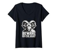 Women's Beware of The Goat Ram Warning Graphic V-Neck T-Shirt