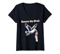Women's Beware The Birds Seagull Stealing Beach Ice Cream V-Neck T-Shirt