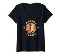 Womens Biarritz France 1956 Surfer Distressed Print V-Neck T-Shirt