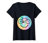 Women's Bicycle Cycling Happy Bike Smile Tie Dye V-Neck T-Shirt
