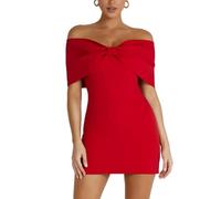 Women's Big Bow Front Strapless Mini Dress Sexy Slash Neck Off Shoulder Backless Bodycon Short Dresses for Party Club, Red, M