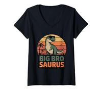Women's Big Bro Saurus Dinosaur Brother Retro Sunset V-Neck T-Shirt