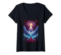 Womens Big Eye Stargaze Cosmic Visionary Mystic Clouds V-Neck T-Shirt
