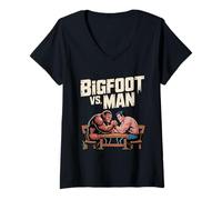 Womens Big Foot vs Man Fantasy Funny Arm Wrestling V-Neck T-Shirt