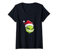 Womens Big Grinning Alien Costume with Santa Claus Look V-Neck T-Shirt