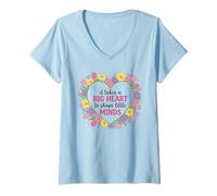 Women's Big Heart Shape Little Minds Teacher Educator V-Neck T-Shirt