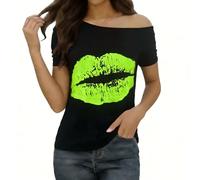 Women's Big Lip Print Shirts, Off The Shoulder Tops Short Sleeve Blouse Sexy Lips Graphic Baggy T-Shirt, 80s Vintage Tshirts Dressy Casual Tunic Tops Soft Comfort Shirt Party Wear