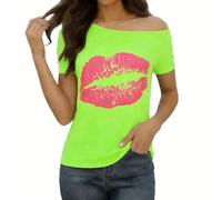 Women's Big Lip Print Shirts, Off The Shoulder Tops Short Sleeve Blouse Sexy Lips Graphic Baggy T-Shirt, 80s Vintage Tshirts Dressy Casual Tunic Tops Soft Comfort Shirt Party Wear