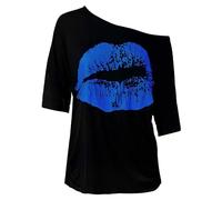 Women's Big Lip Print Short Sleeve Off The Shoulder Top, Sexy Lips Graphic Baggy Style T Shirt for Casual & Party Wear 1/2 Sleeves 80s T-Shirts Women Carnival Fashion Pullover Tee Tops