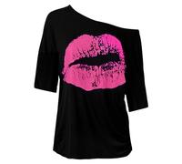 Women's Big Lip Print Short Sleeve Off The Shoulder Top, Sexy Lips Graphic Baggy Style T Shirt for Casual & Party Wear 1/2 Sleeves 80s T-Shirts Women Carnival Fashion Pullover Tee Tops