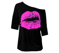 Women's Big Lip Print Short Sleeve Off The Shoulder Top, Sexy Lips Graphic Baggy Style T Shirt for Casual & Party Wear 1/2 Sleeves 80s T-Shirts Women Carnival Fashion Pullover Tee Tops