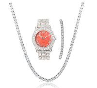 Women's Big Rocks Bezel Colored Dial with Roman Numerals Fully Iced Out Watch and Matching Beautiful Sparkling Tennis Necklace & Bracelet Jewelry Set - ST10327LA 3pc Set (Silver Peach)