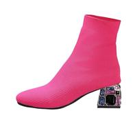 Womens Big Short Boots Square Toe Thick Heel Knitted Fashion Stretch Boots Shoes Slippers Women Black, red, 5 UK