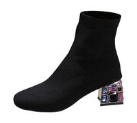 Womens Big Short Boots Square Toe Thick Heel Knitted Fashion Stretch Boots Shoes Slippers Women Black, black, 5 UK