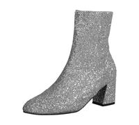 Womens Big Size Round Toe Sequin Fine Glitter Casual Chunky Heel Low Ankle Boots Short Boots, silver, 7 UK