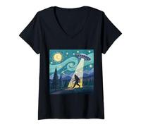 Womens Bigfoot Abduction in Starry Forest Night V-Neck T-Shirt
