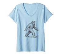 Women's Bigfoot Abstract Sasquatch Walking Scribble Art Minimalist V-Neck T-Shirt