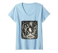Women's Bigfoot Alien Campfire Ghost Cryptid Forest Funny V-Neck T-Shirt