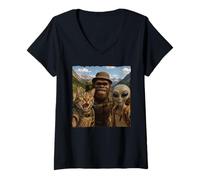 Womens Bigfoot Alien Cat Funny Selfie Hiking Squad Take A Hike V-Neck T-Shirt
