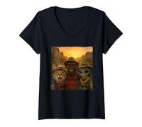 Womens Bigfoot Alien Cat Funny Selfie Hiking Squad Take A Hike V-Neck T-Shirt