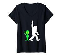 Womens Bigfoot & Alien Conspiracy Theory Bigfoot & Alien V-Neck T-Shirt