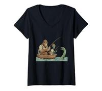 Womens Bigfoot Alien Loch Ness Monster UFO Youth Sasquatch Fishing V-Neck T-Shirt
