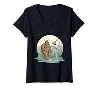 Womens Bigfoot Alien Loch Ness Monster UFO Youth Sasquatch Fishing V-Neck T-Shirt