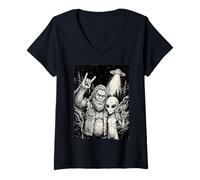 Women's Bigfoot Alien Selfie Funny Sasquatch UFO Rock V-Neck T-Shirt