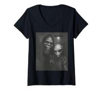 Womens Bigfoot Alien Selfie Peace UFO Encounter V-Neck T-Shirt